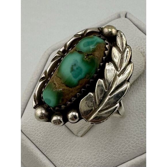 Vintage Betty Thomas Sanel Navajo Sterling Silver 925 Turquoise Leaf Ring - Picture 2 of 8